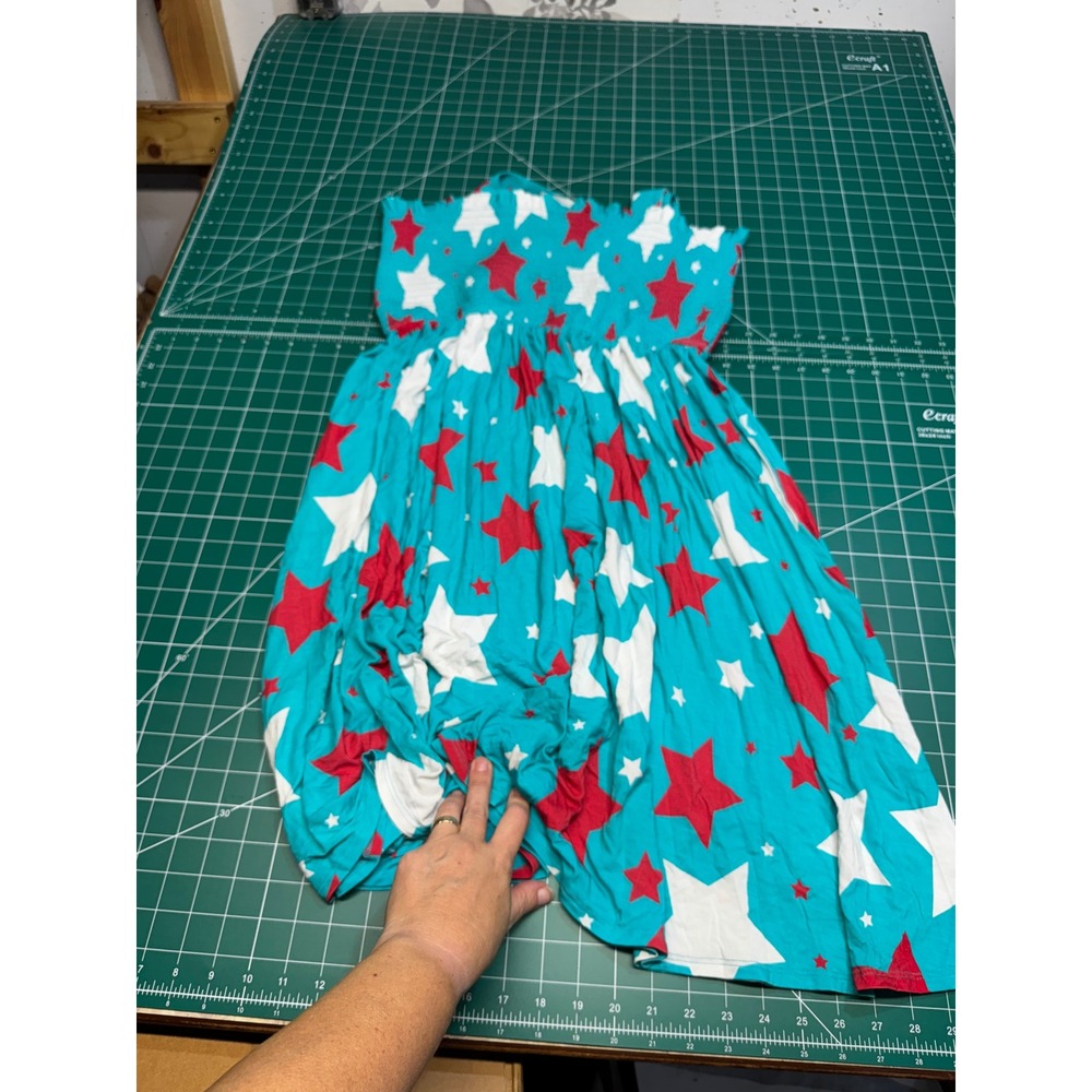 Posh Peanut Womens 2XL 3XL Teal Blue Red White Star Smocked Strapless Midi Dress